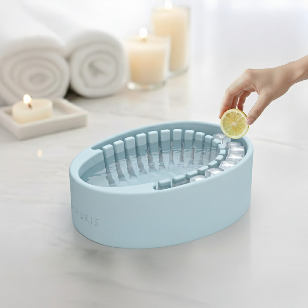 Woman adding lemon to Arauris Pure face plunge with ice in separate chamber for ice facial